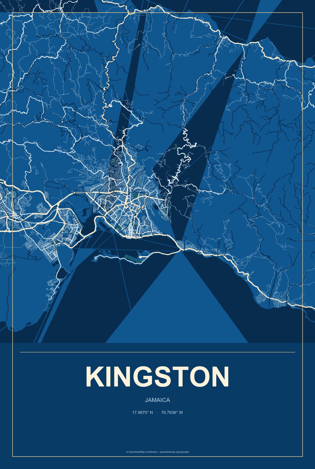 Kingston, Jamaica City Map Aluminum Sign in Harbor Cobalt style