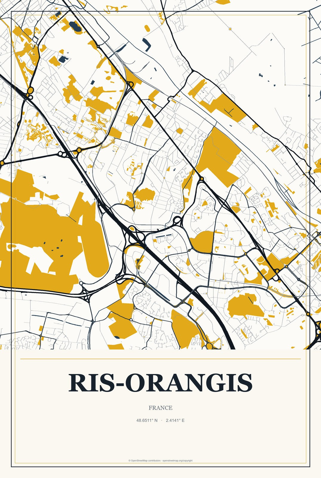 Ris-Orangis, France City Map Aluminum Sign in Citrine Modern style