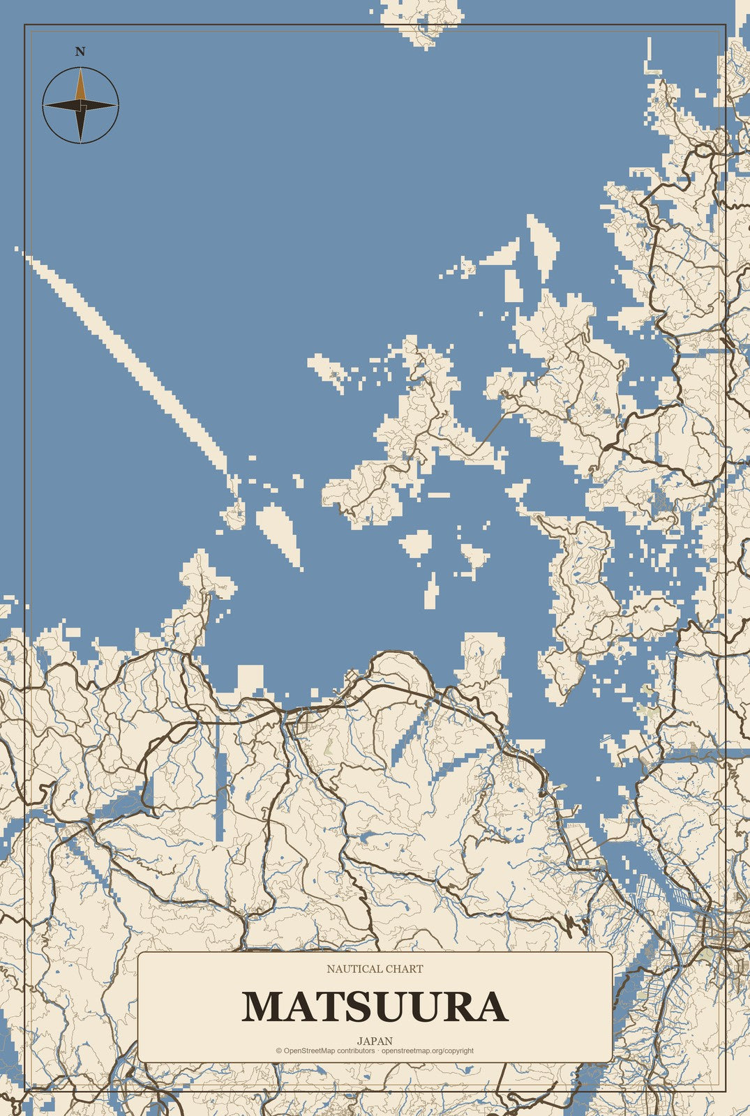 Matsuura, Japan City Map Aluminum Sign in Heritage Nautical style
