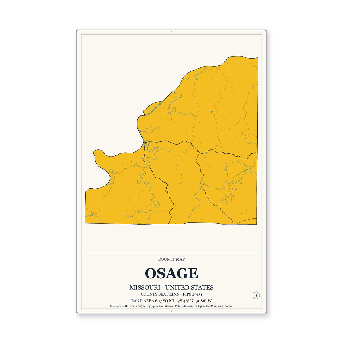 Osage County, Missouri Map Aluminum Sign in Citrine Modern style