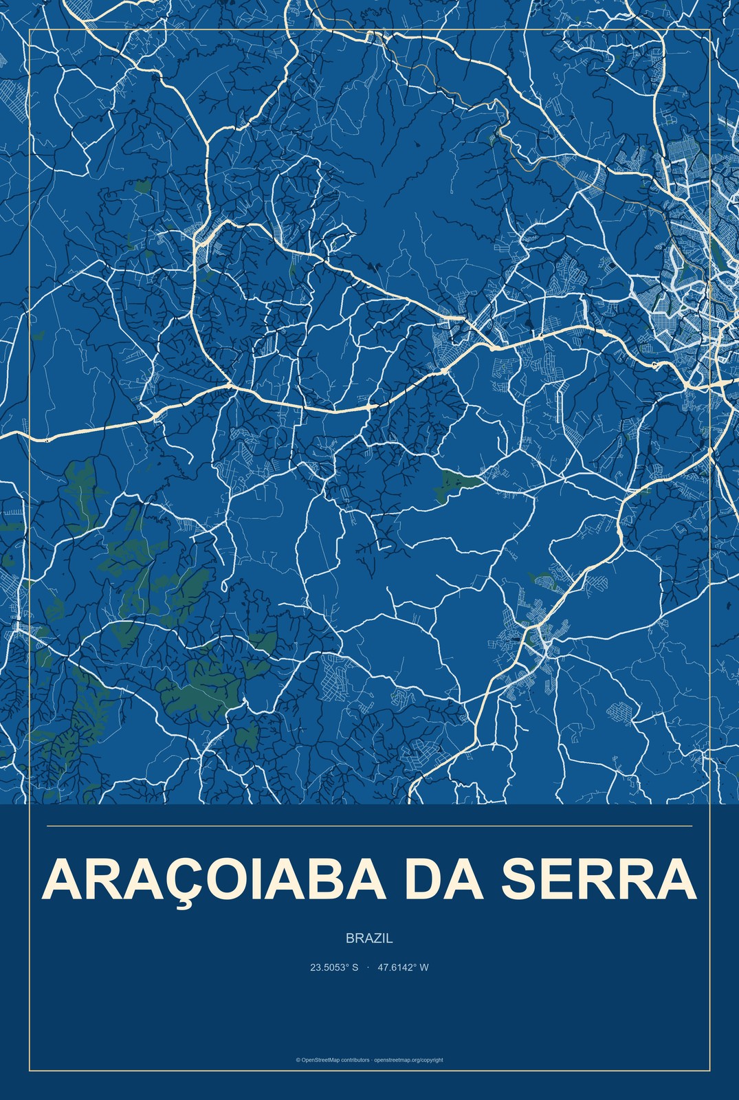 Araçoiaba da Serra, Brazil City Map Aluminum Sign in Harbor Cobalt style