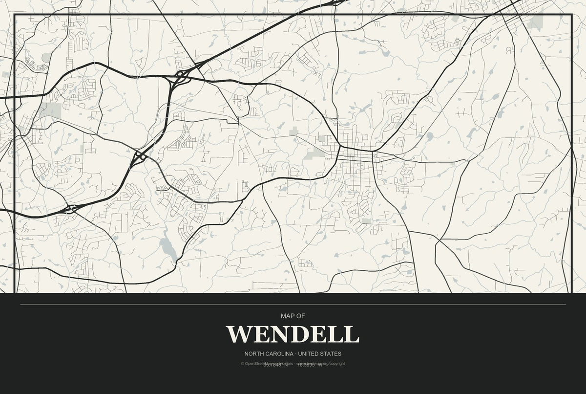 Wendell, North Carolina City Map Aluminum Sign in Museum Plaque style
