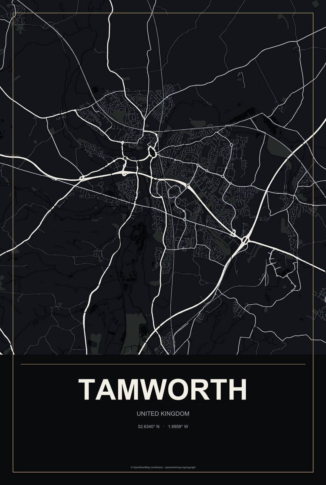 Tamworth, United Kingdom City Map Aluminum Sign in Metropolitan Noir style
