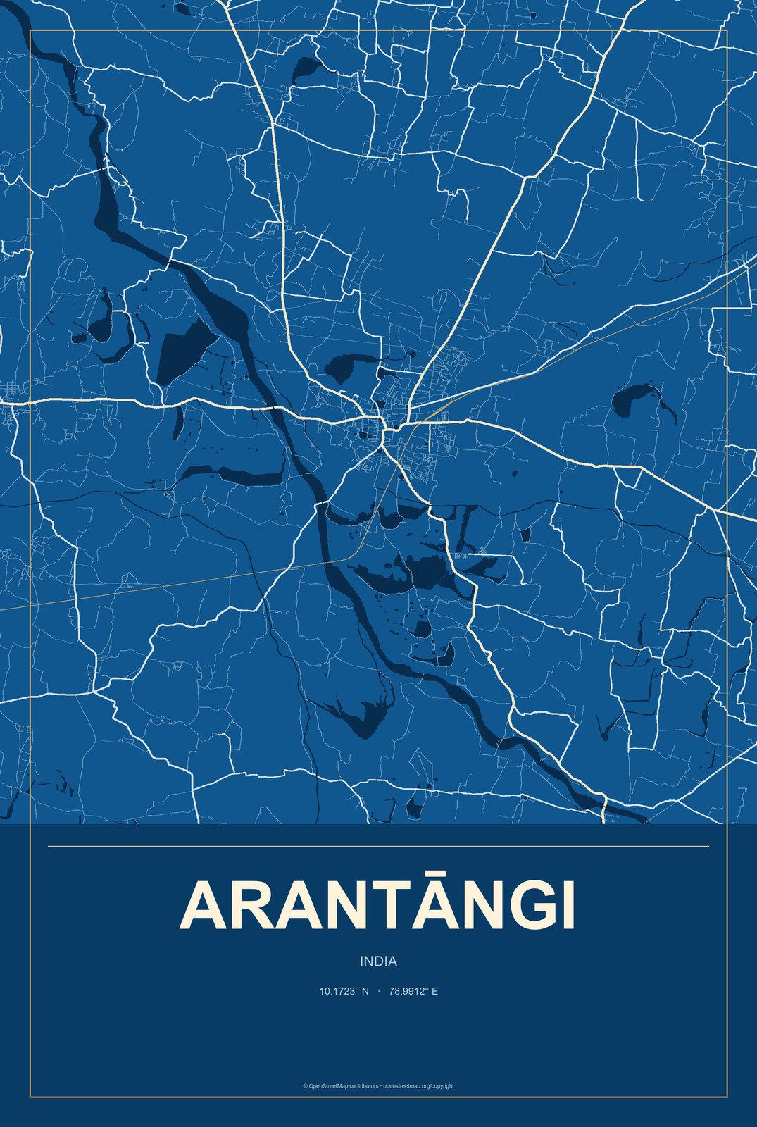 Arantāngi, India City Map Aluminum Sign in Harbor Cobalt style