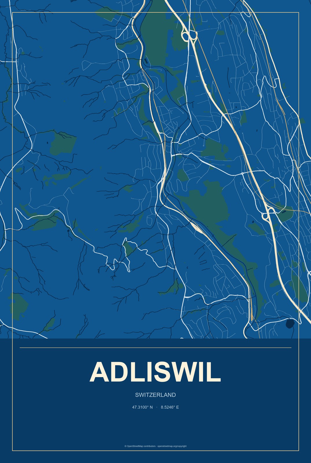 Adliswil, Switzerland City Map Aluminum Sign in Harbor Cobalt style