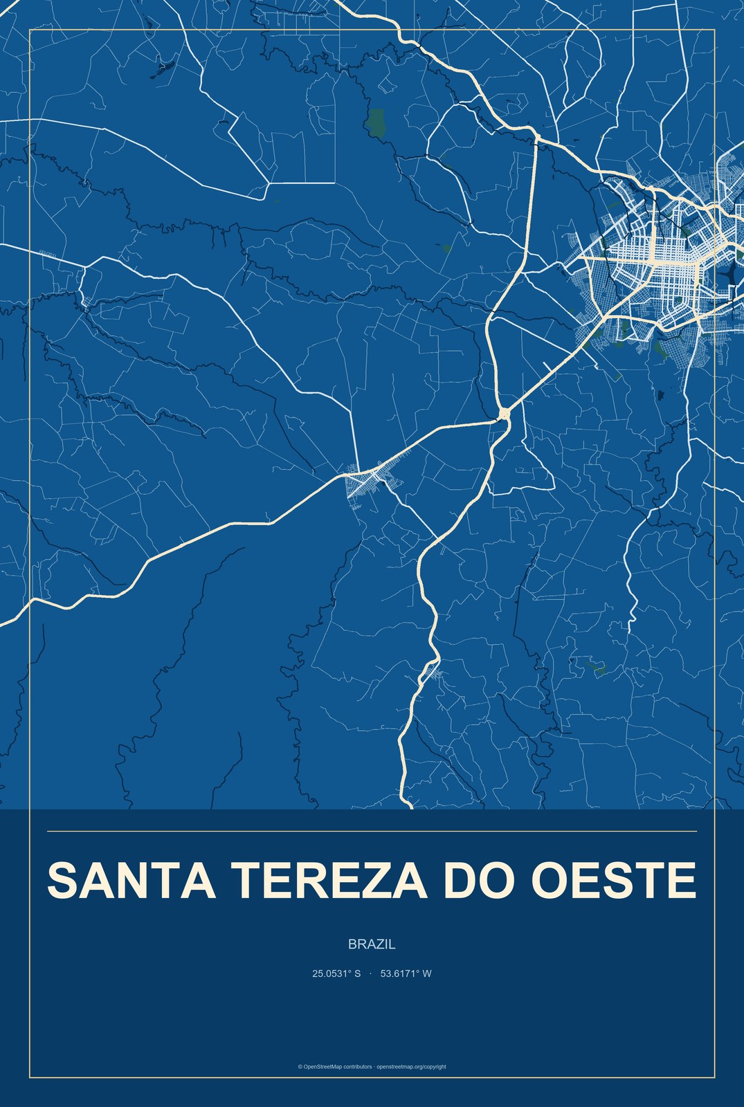 Santa Tereza do Oeste, Brazil City Map Aluminum Sign in Harbor Cobalt style
