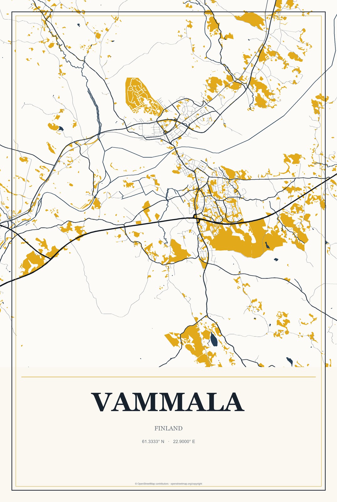 Vammala, Finland City Map Aluminum Sign in Citrine Modern style
