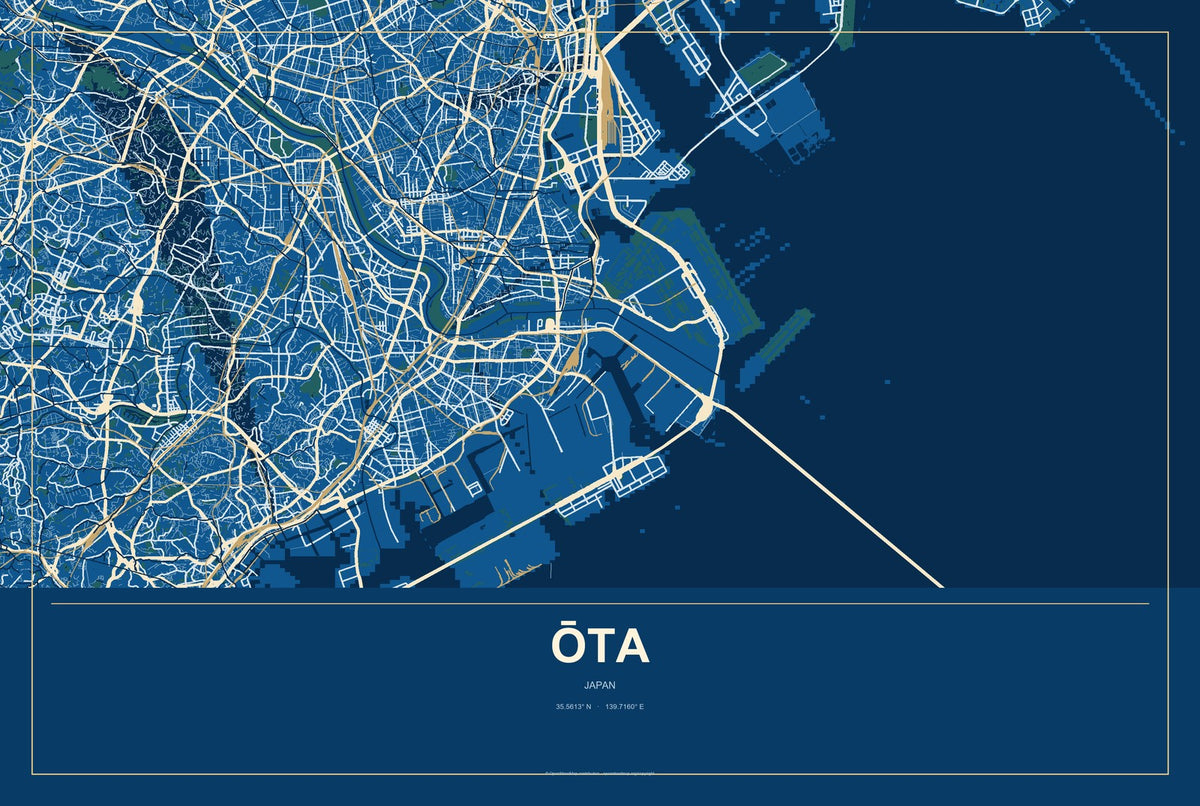 Ōta, Tokyo, Japan City Map Aluminum Sign in Harbor Cobalt style