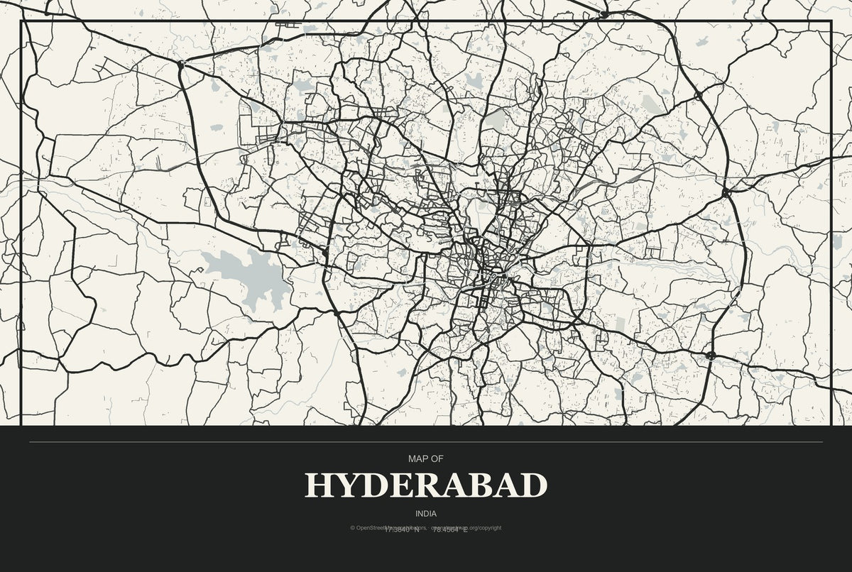 Hyderabad, India City Map Aluminum Sign in Museum Plaque style