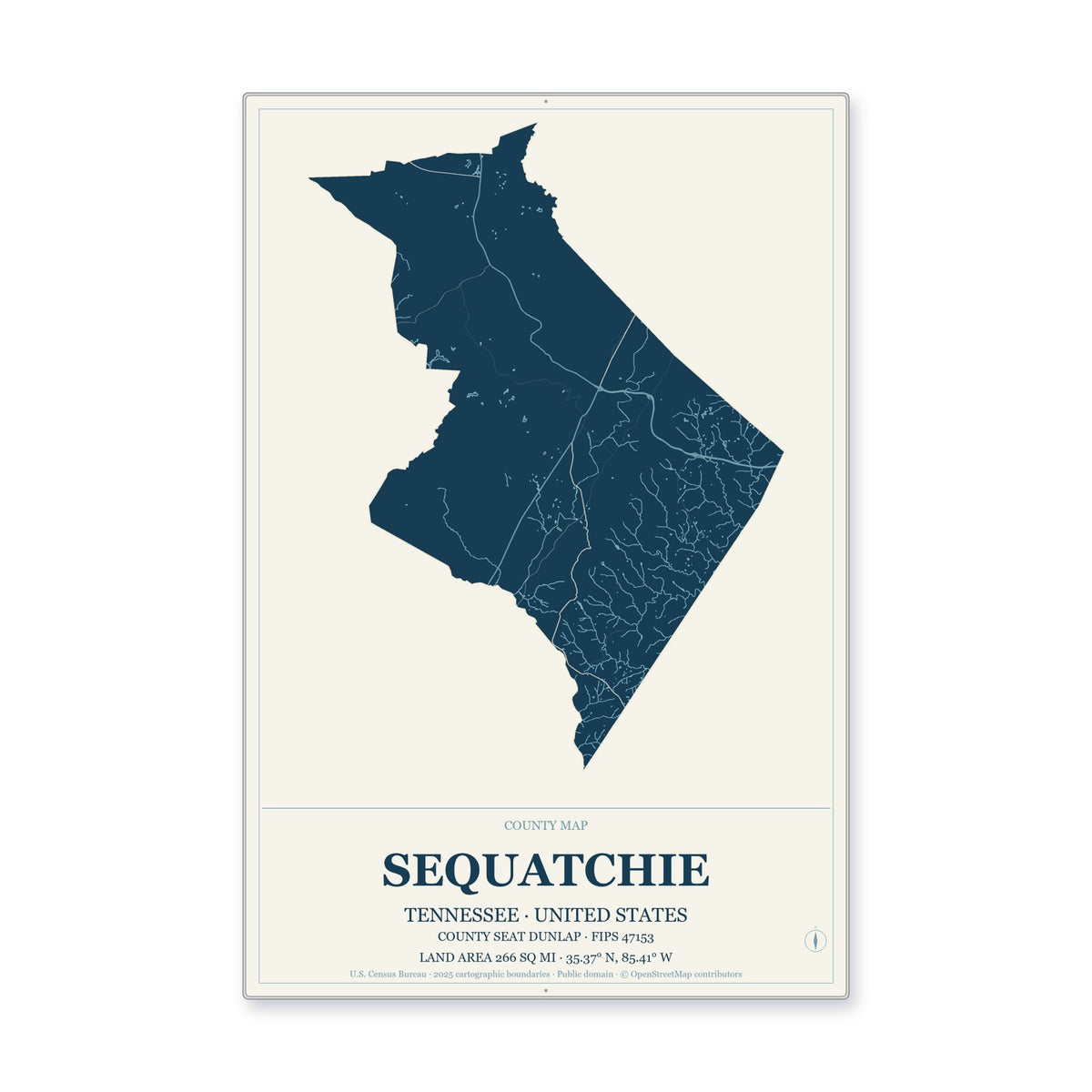 Sequatchie County, Tennessee Map Aluminum Sign in Coastal Cutout style