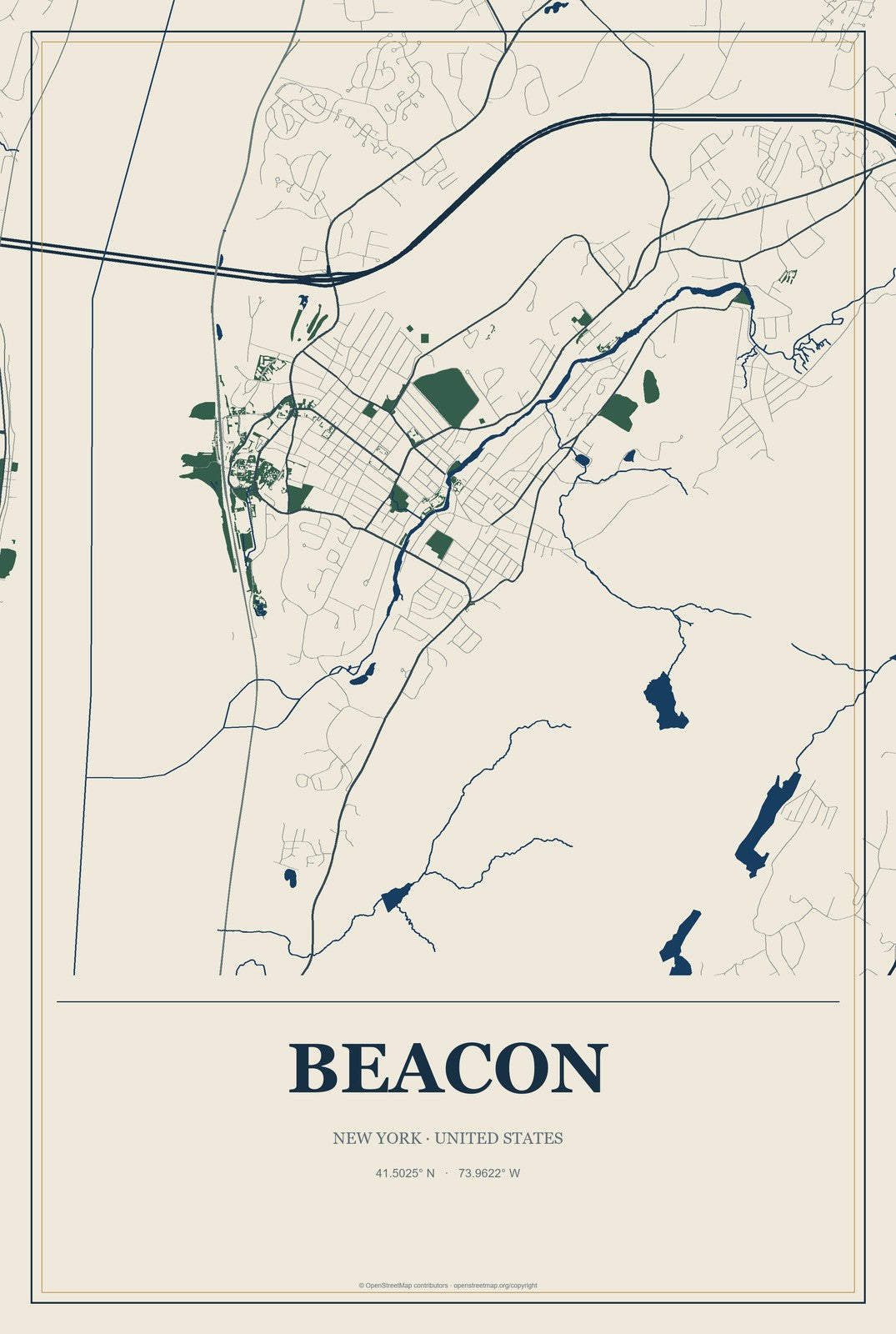 Beacon, New York City Map Aluminum Sign in Coastal Cutout style