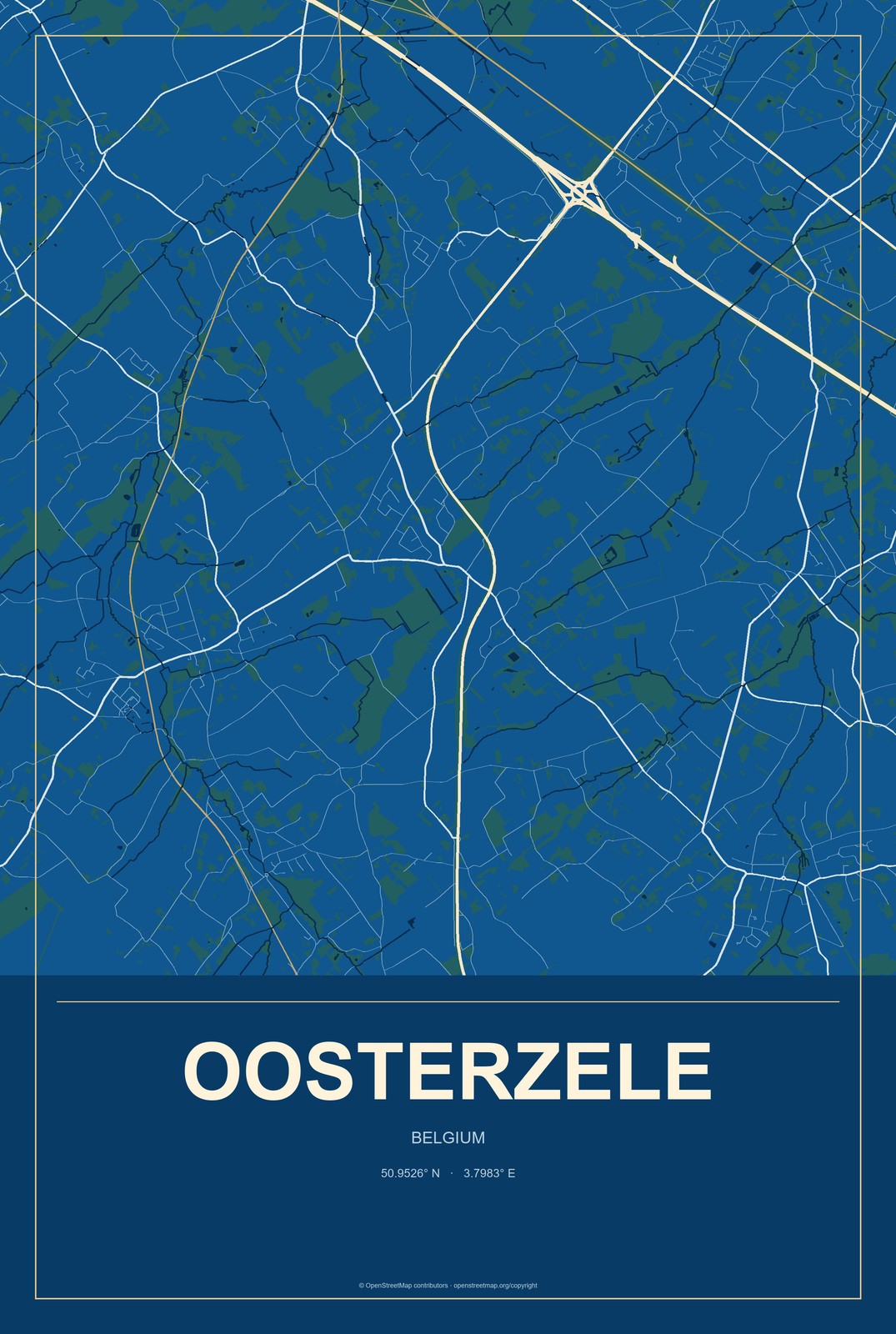 Oosterzele, Belgium City Map Aluminum Sign in Harbor Cobalt style