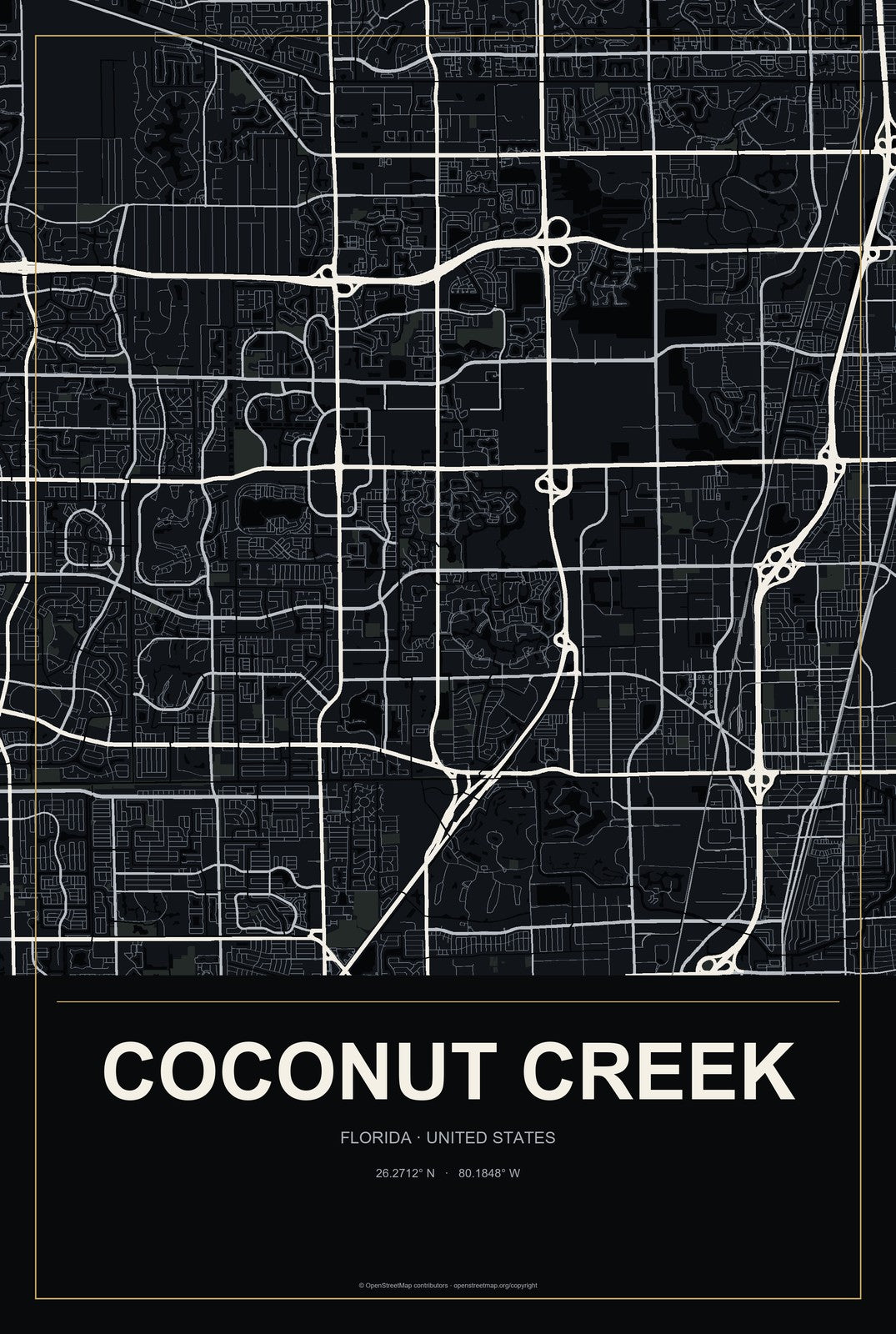 Coconut Creek, Florida City Map Aluminum Sign in Metropolitan Noir style