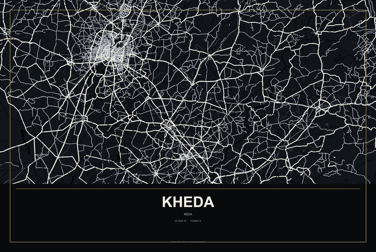 Kheda, India City Map Aluminum Sign in Metropolitan Noir style