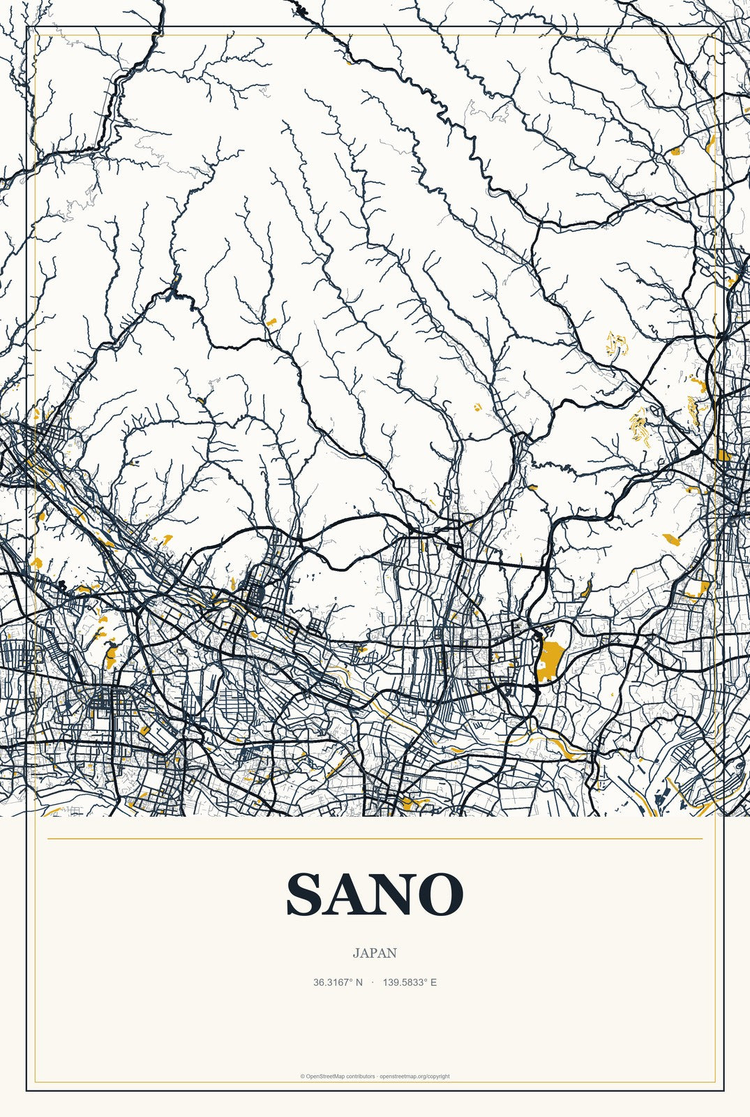 Sano, Japan City Map Aluminum Sign in Citrine Modern style