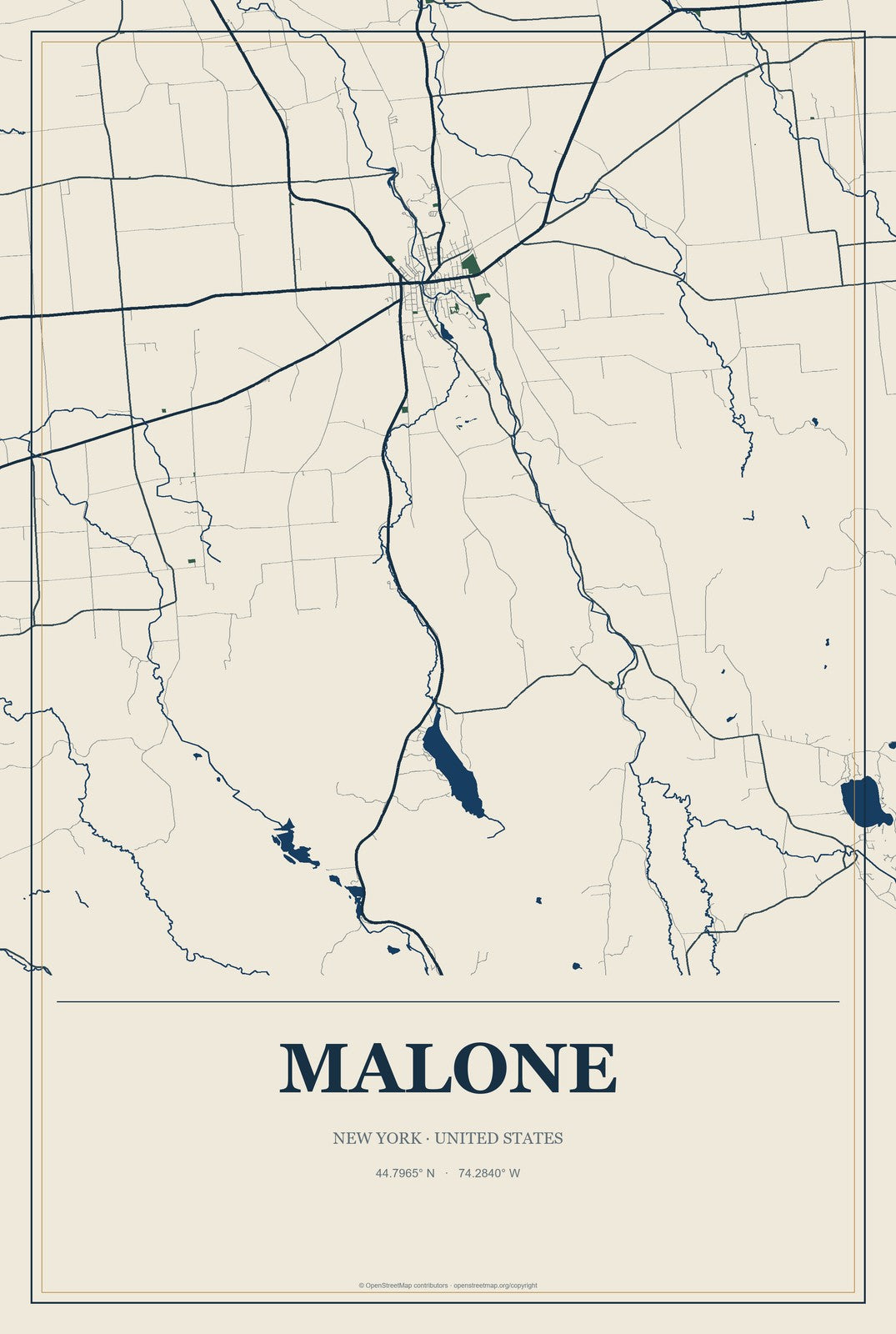 Malone, New York City Map Aluminum Sign in Coastal Cutout style