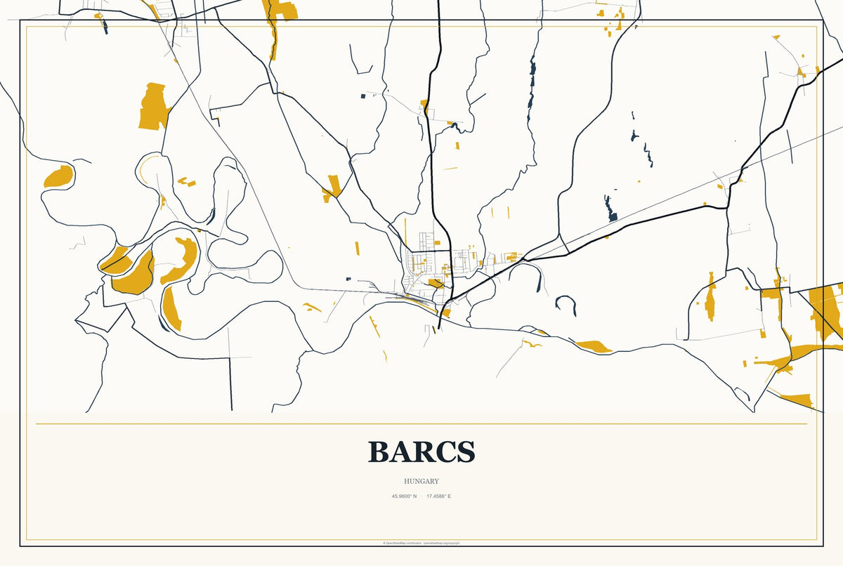 Barcs, Hungary City Map Aluminum Sign in Citrine Modern style