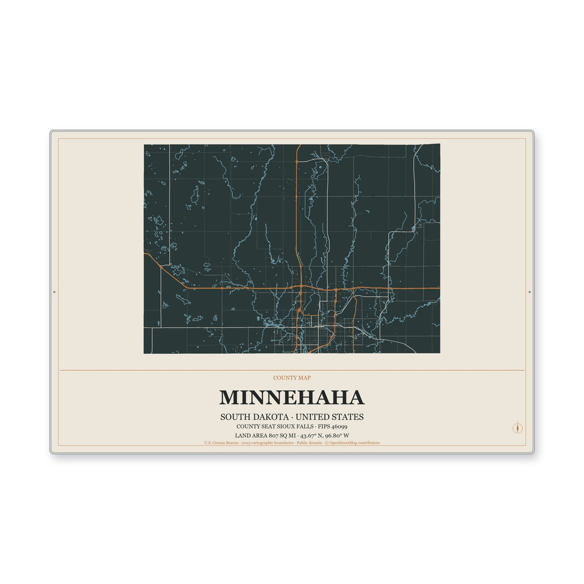 Minnehaha County, South Dakota Map Aluminum Sign in Headline Atlas style