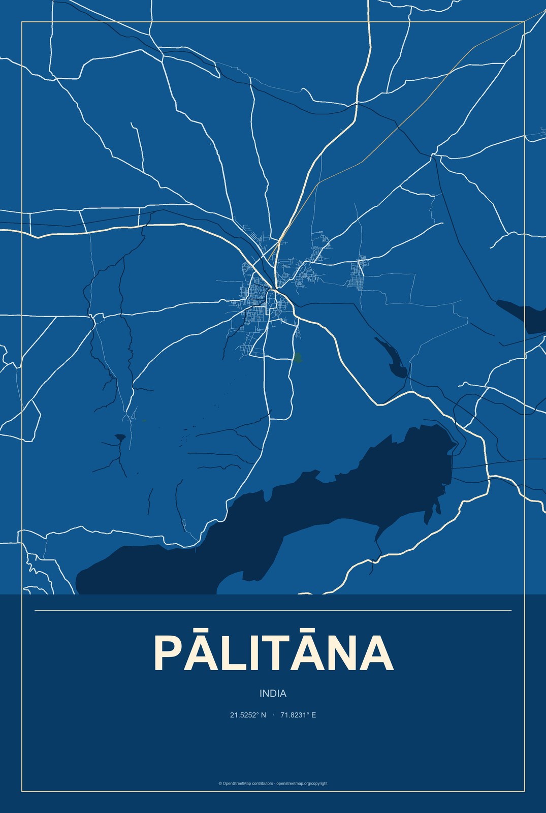 Pālitāna, India City Map Aluminum Sign in Harbor Cobalt style