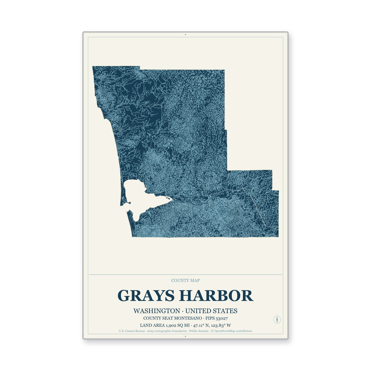 Grays Harbor County, Washington Map Aluminum Sign in Coastal Cutout style