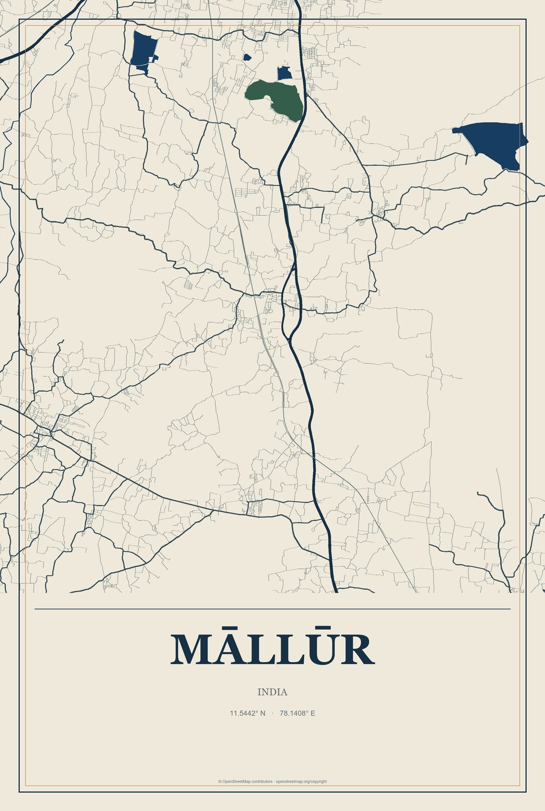 Māllūr, India City Map Aluminum Sign in Coastal Cutout style
