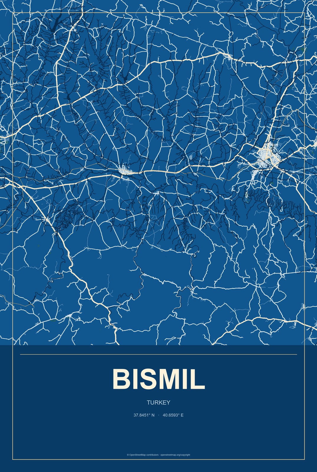 Bismil, Turkey City Map Aluminum Sign in Harbor Cobalt style