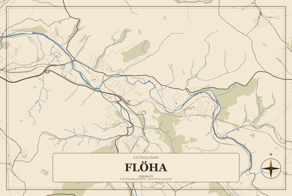 Flöha, Germany City Map Aluminum Sign in Heritage Nautical style