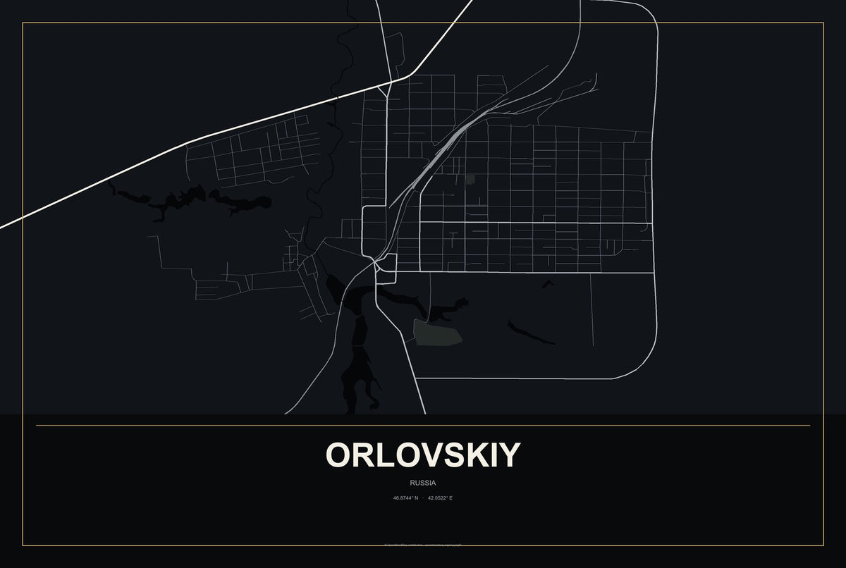 Orlovskiy, Russia City Map Aluminum Sign in Metropolitan Noir style