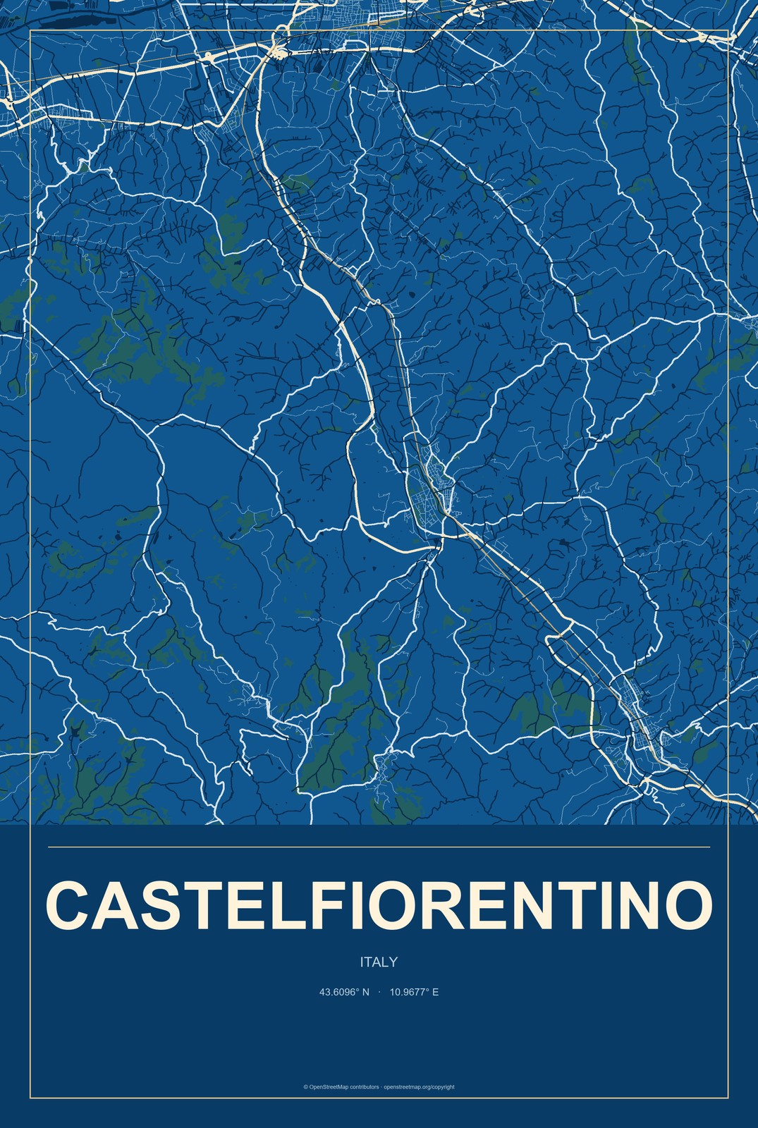 Castelfiorentino, Italy City Map Aluminum Sign in Harbor Cobalt style