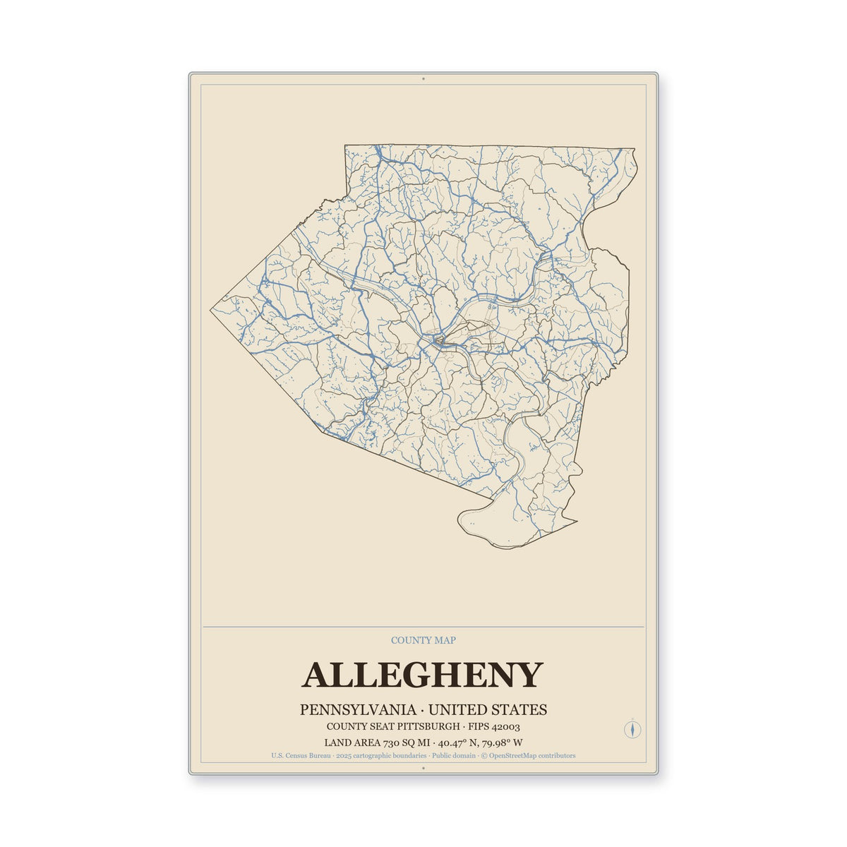 Allegheny County, Pennsylvania Map Aluminum Sign in Heritage Nautical style