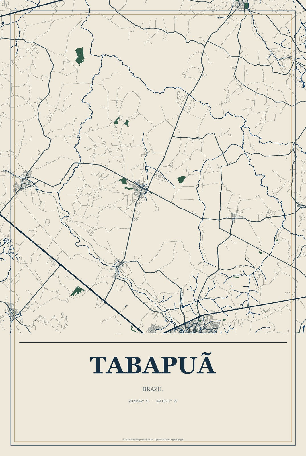 Tabapuã, Brazil City Map Aluminum Sign in Coastal Cutout style