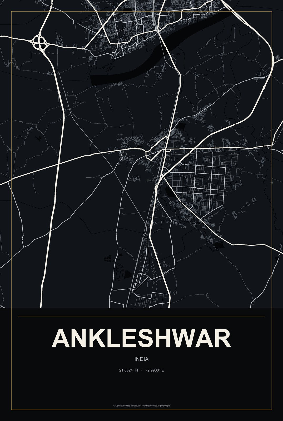 Ankleshwar, India City Map Aluminum Sign in Metropolitan Noir style