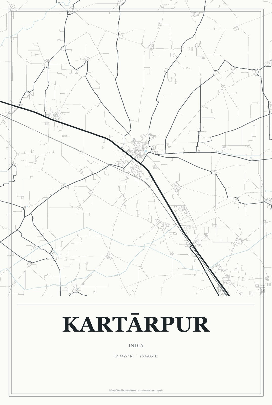 Kartārpur, India City Map Aluminum Sign in Gallery Air style