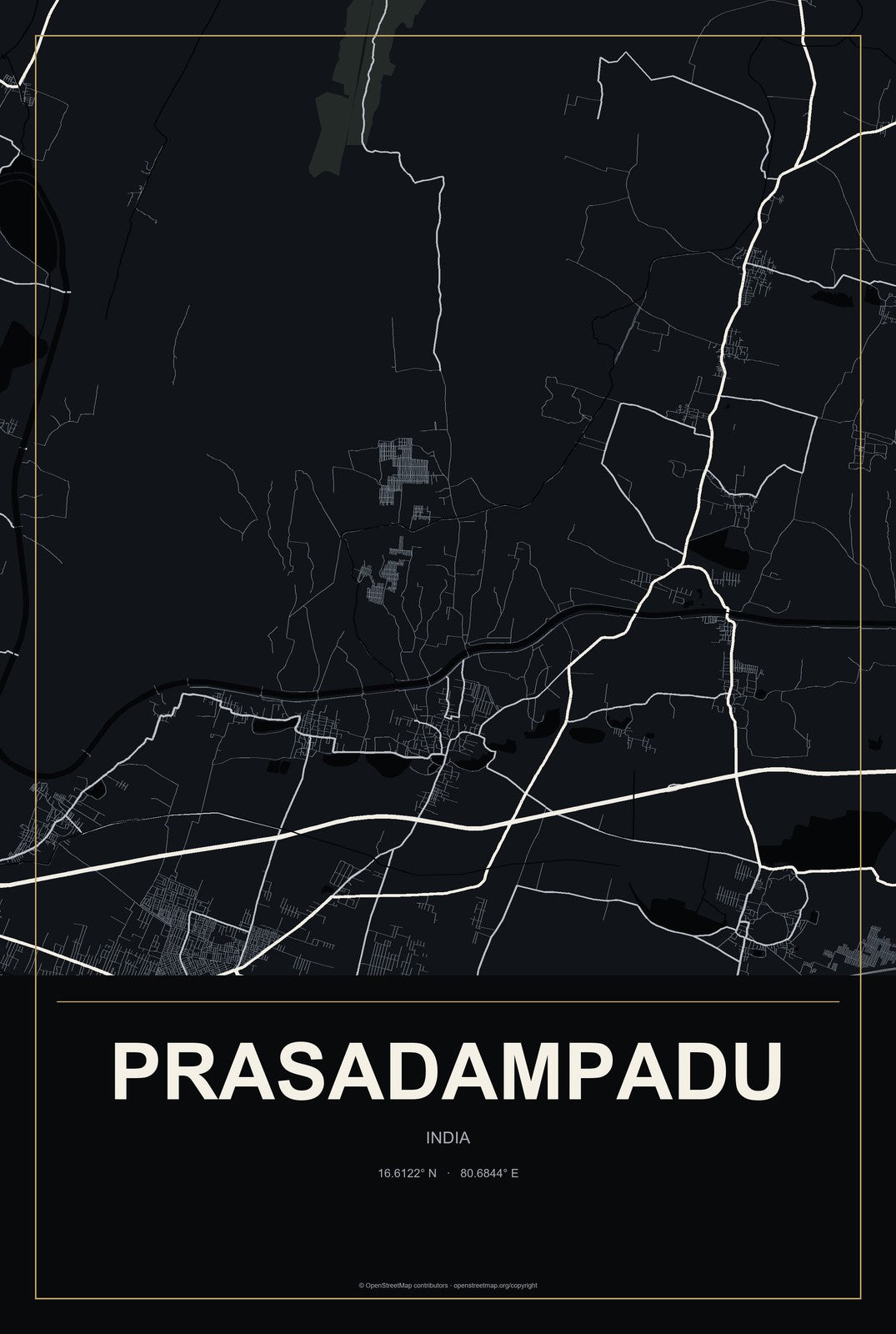 Prasadampadu, India City Map Aluminum Sign in Metropolitan Noir style