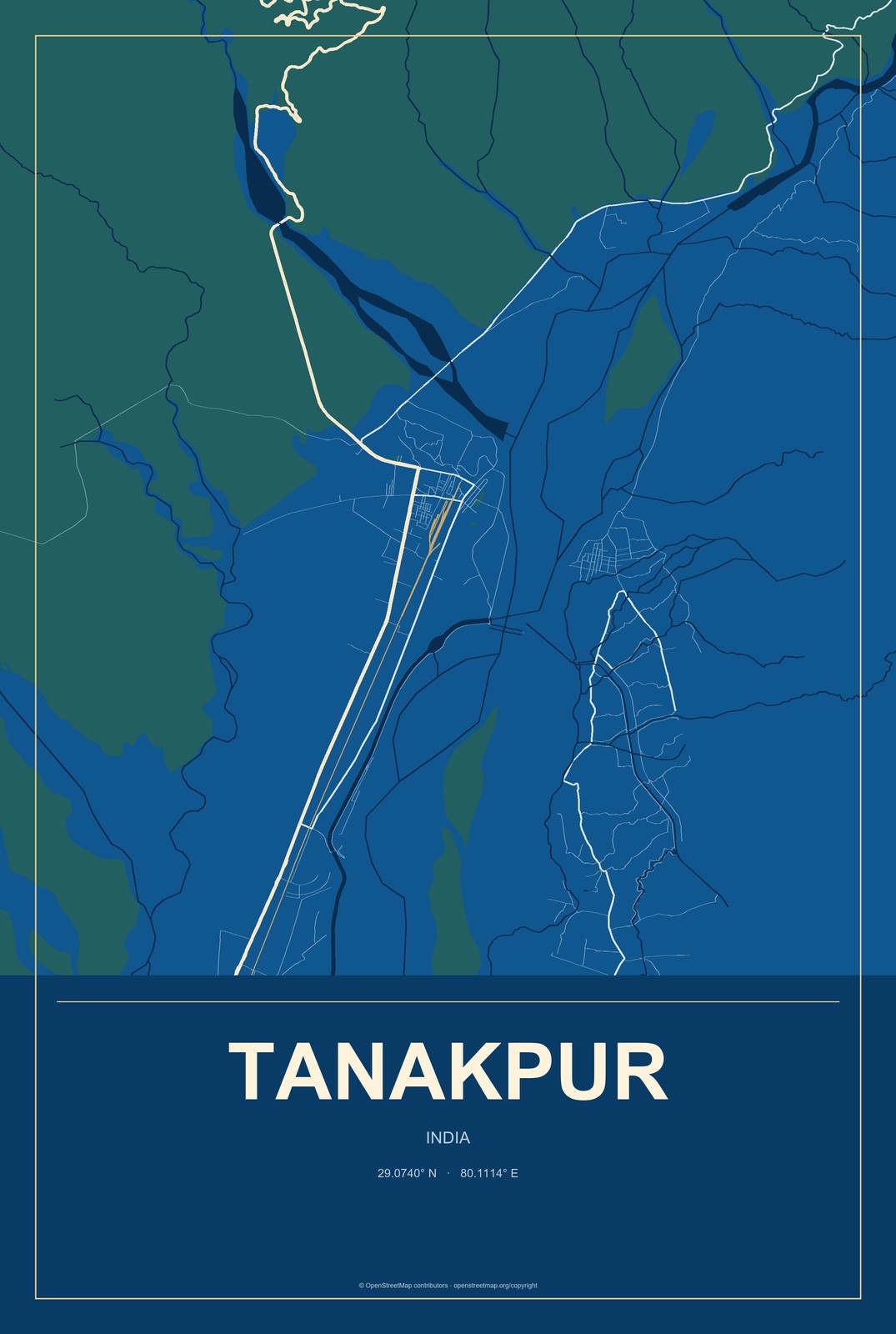 Tanakpur, India City Map Aluminum Sign in Harbor Cobalt style