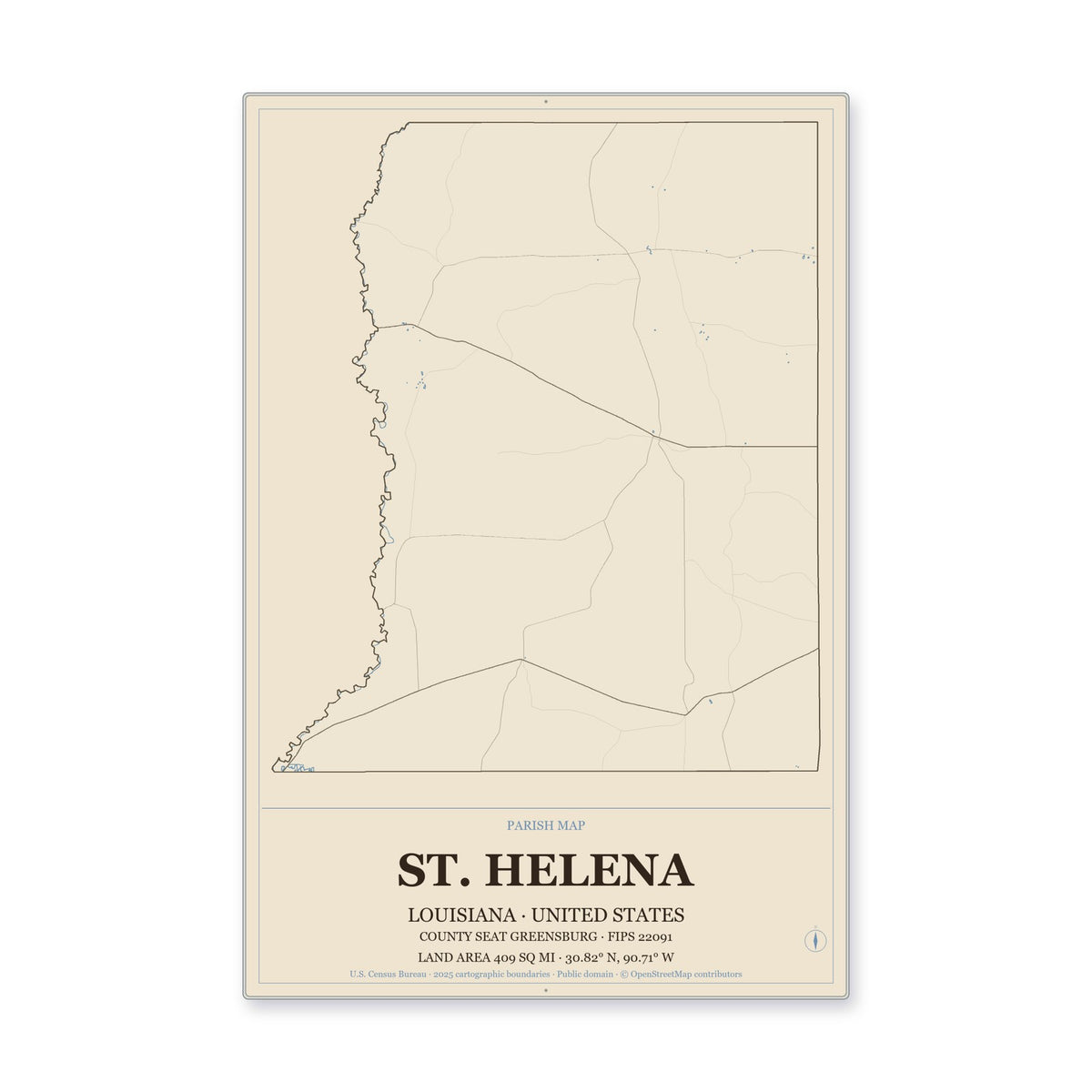 St. Helena Parish, Louisiana Map Aluminum Sign in Heritage Nautical style
