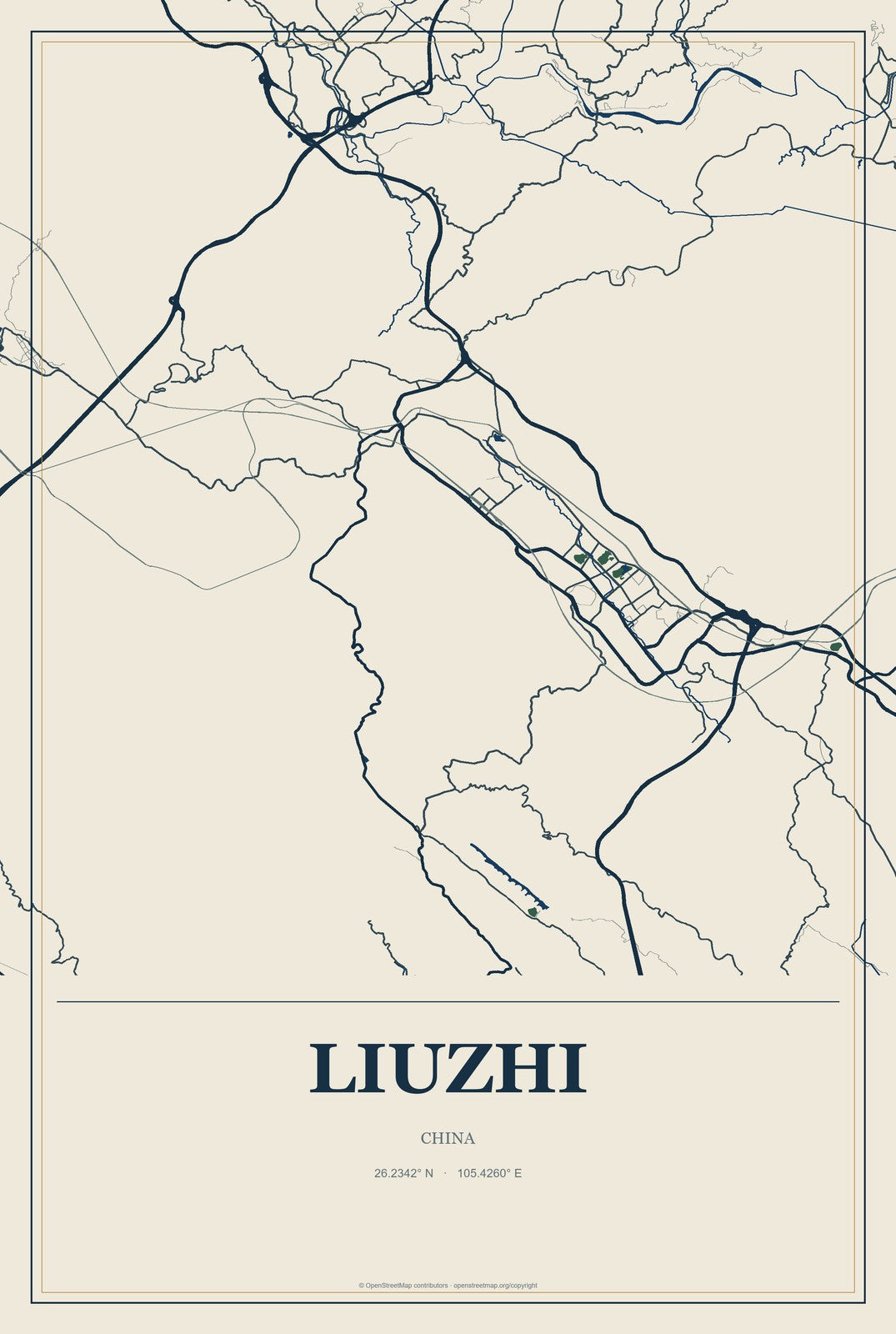 Liuzhi, China City Map Aluminum Sign in Coastal Cutout style