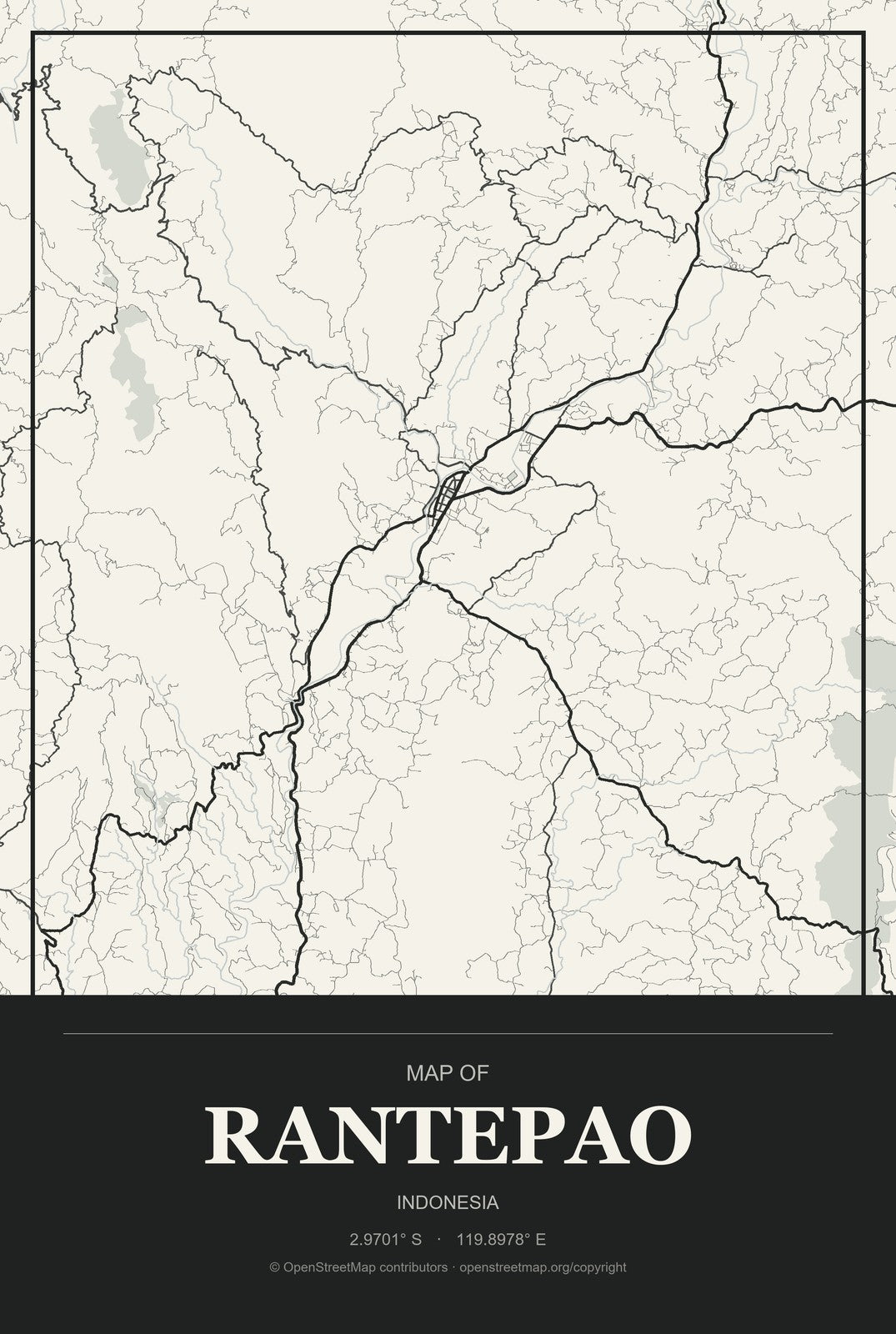 Rantepao, Indonesia City Map Aluminum Sign in Museum Plaque style