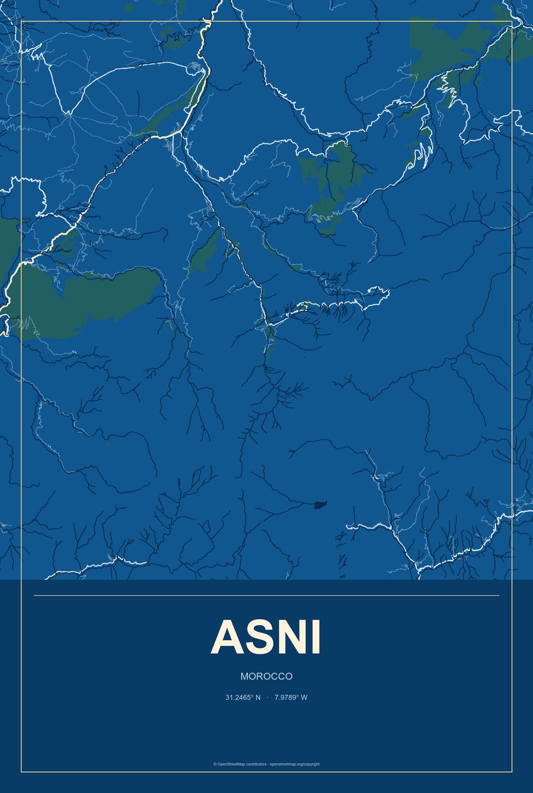 Asni, Morocco City Map Aluminum Sign in Harbor Cobalt style