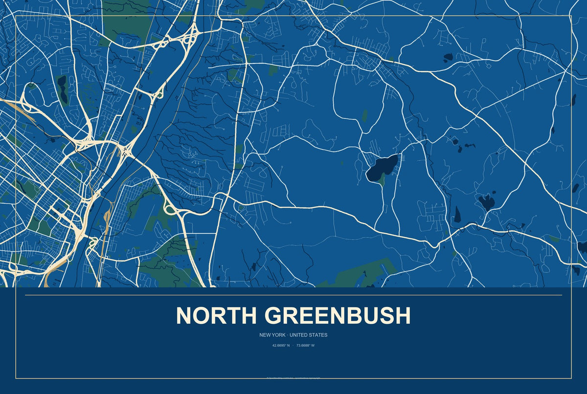 North Greenbush, New York City Map Aluminum Sign in Harbor Cobalt style