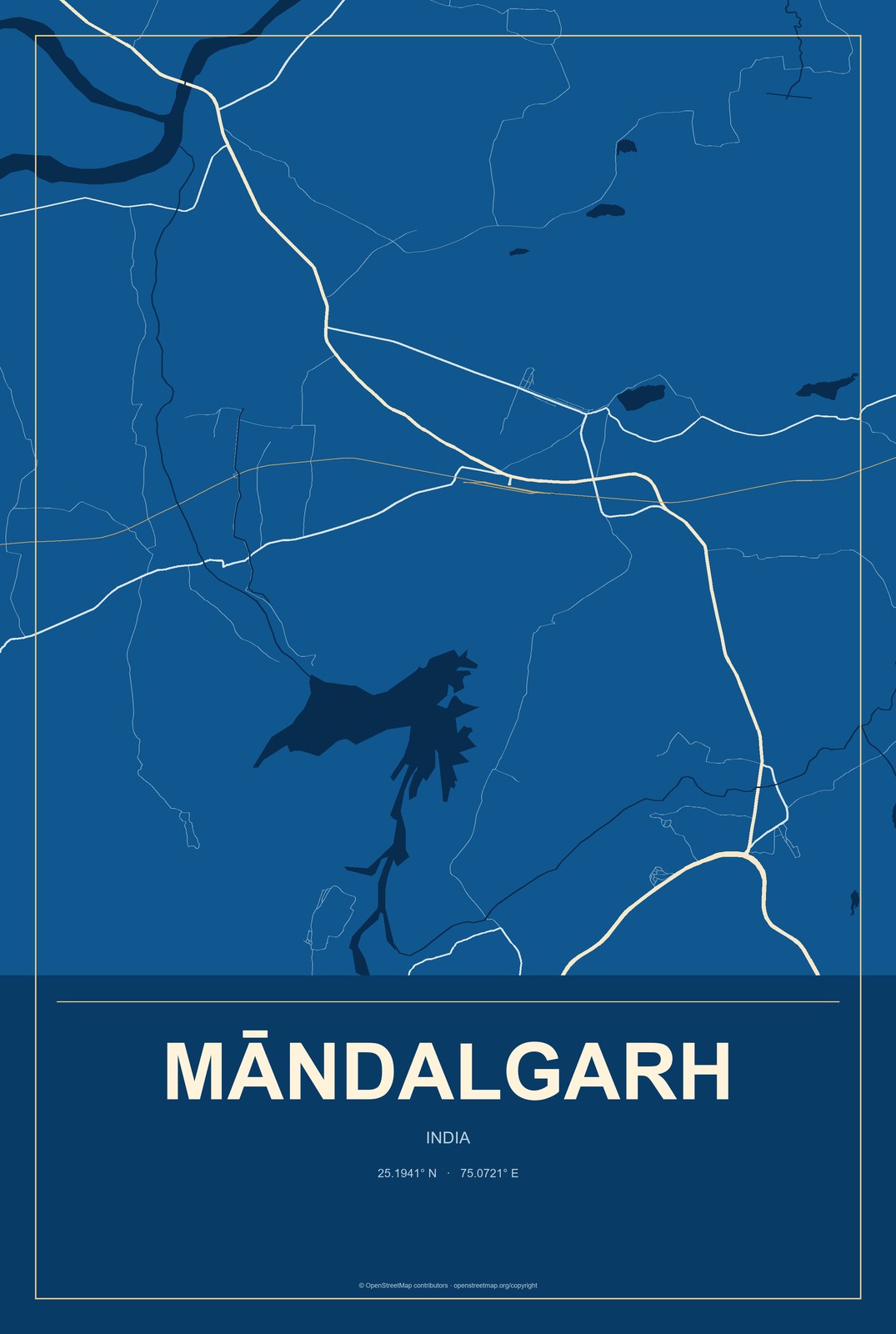 Māndalgarh, India City Map Aluminum Sign in Harbor Cobalt style