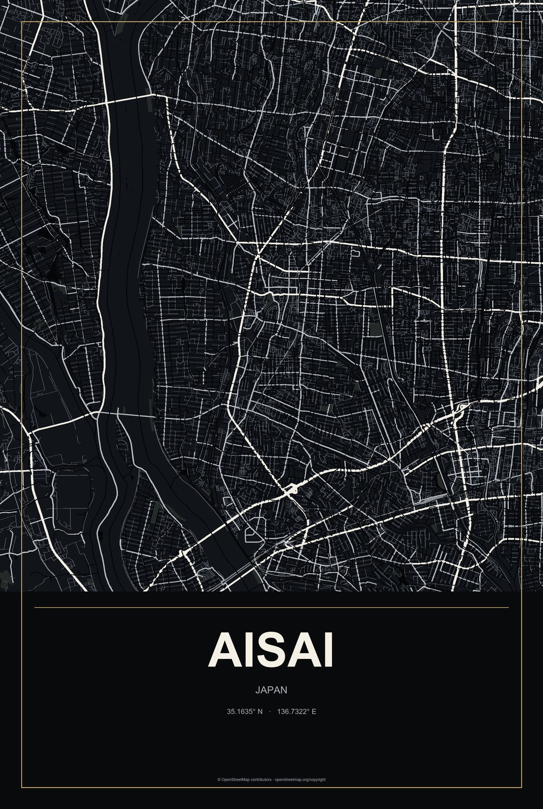 Aisai, Japan City Map Aluminum Sign in Metropolitan Noir style