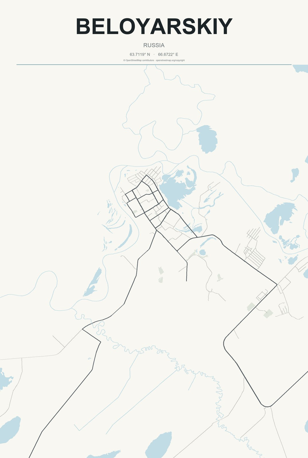 Beloyarskiy, Sverdlovsk Oblast, Russia City Map Aluminum Sign in Headline Atlas style