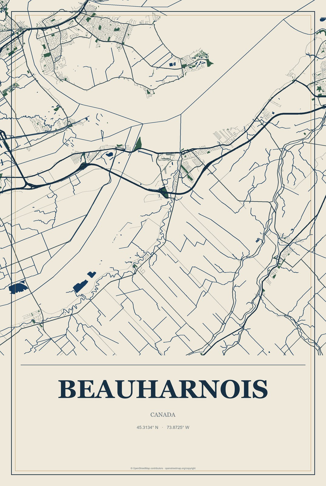 Beauharnois, Canada City Map Aluminum Sign in Coastal Cutout style