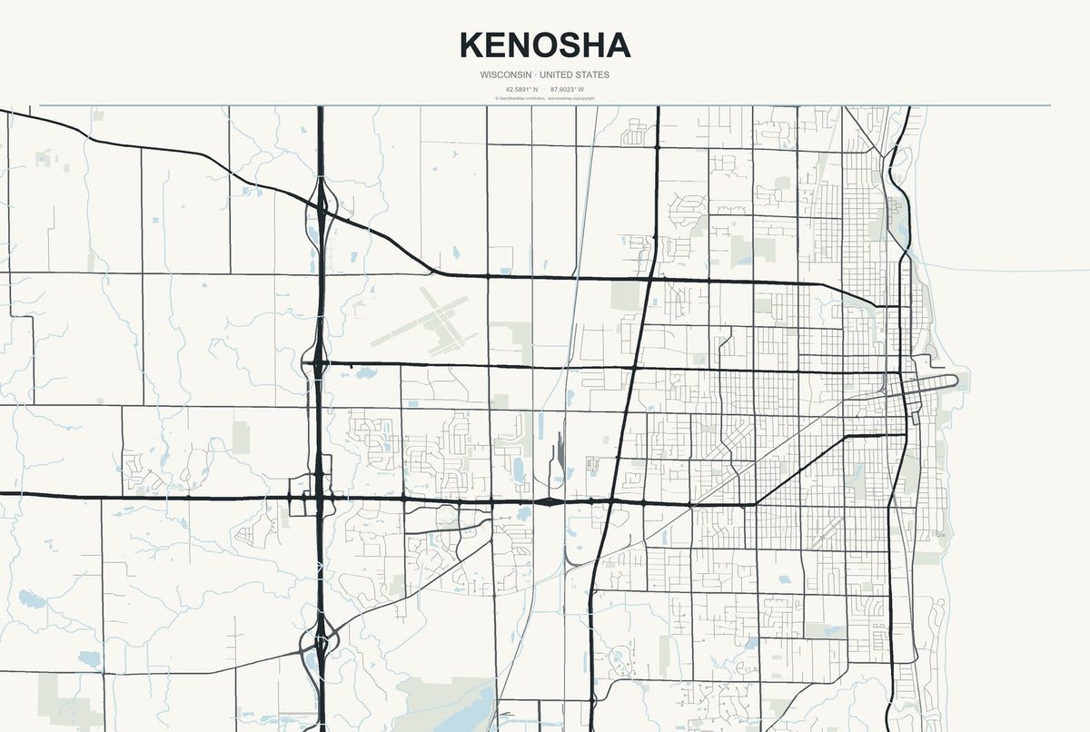 Kenosha, Wisconsin City Map Aluminum Sign in Headline Atlas style