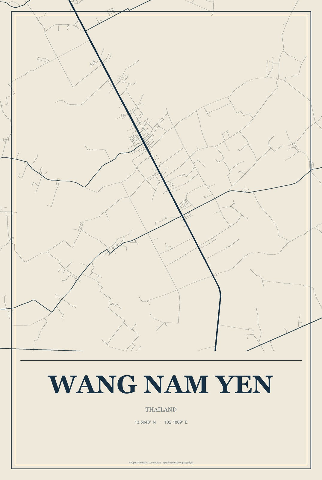 Wang Nam Yen, Thailand City Map Aluminum Sign in Coastal Cutout style