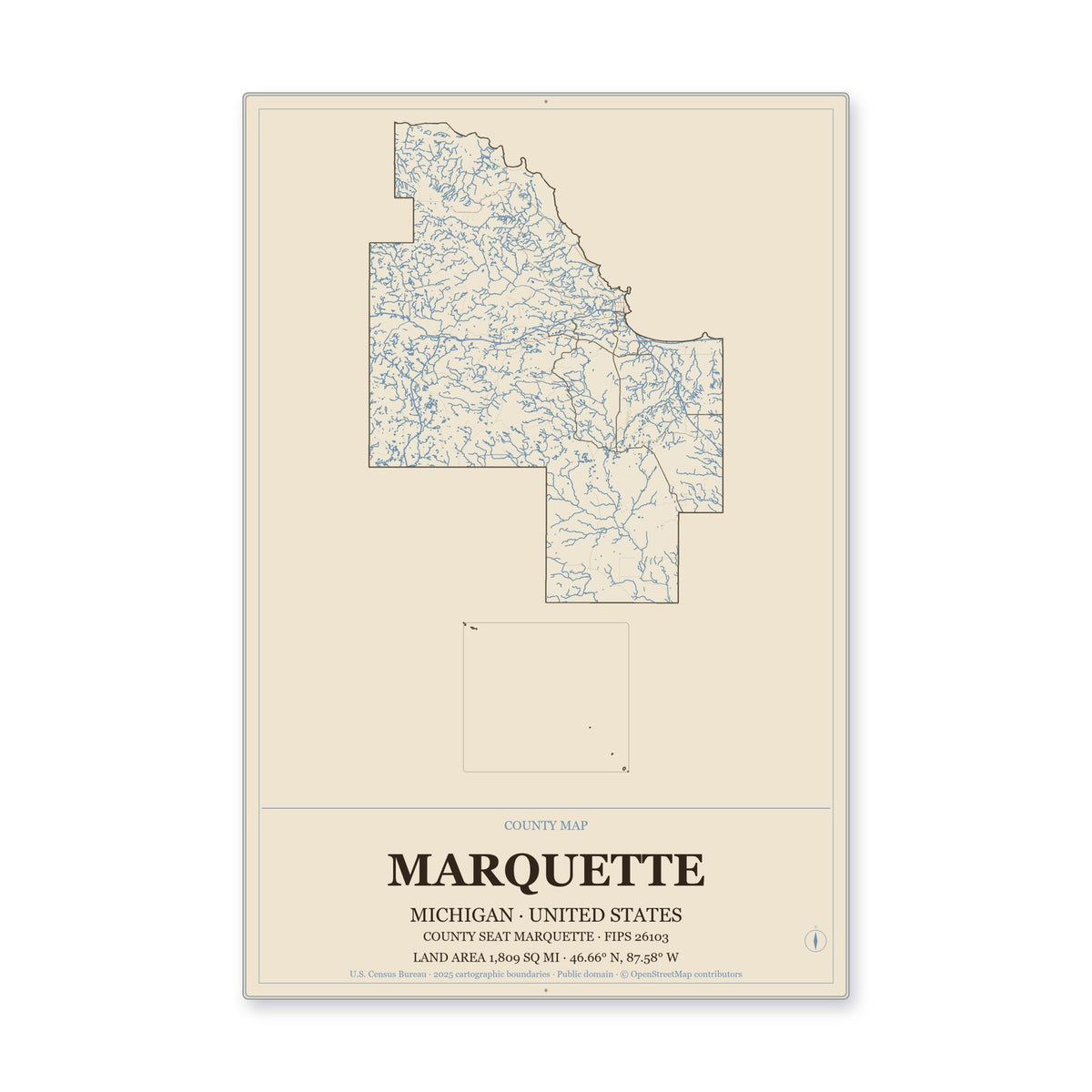 Marquette County, Michigan Map Aluminum Sign in Heritage Nautical style