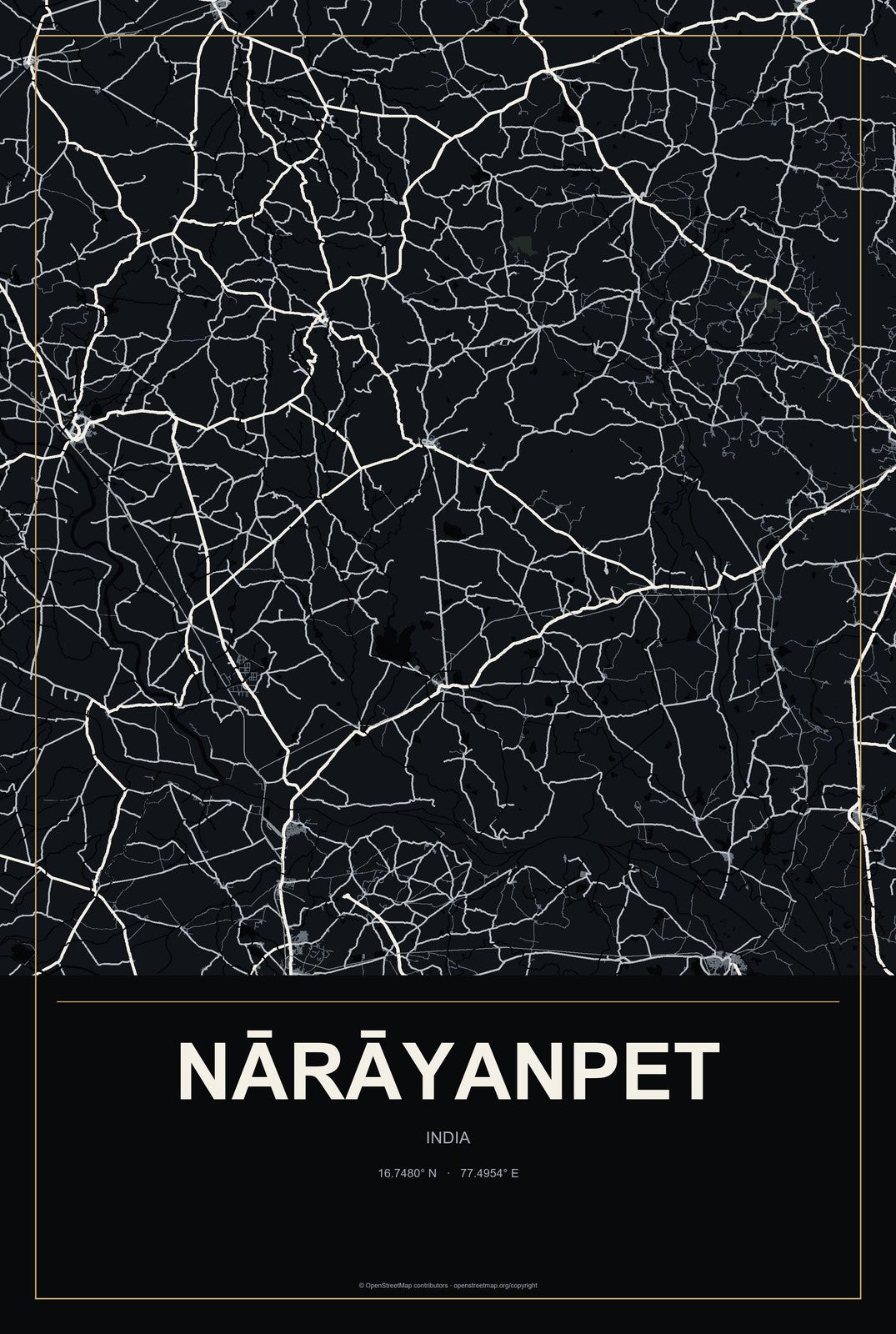 Nārāyanpet, India City Map Aluminum Sign in Metropolitan Noir style