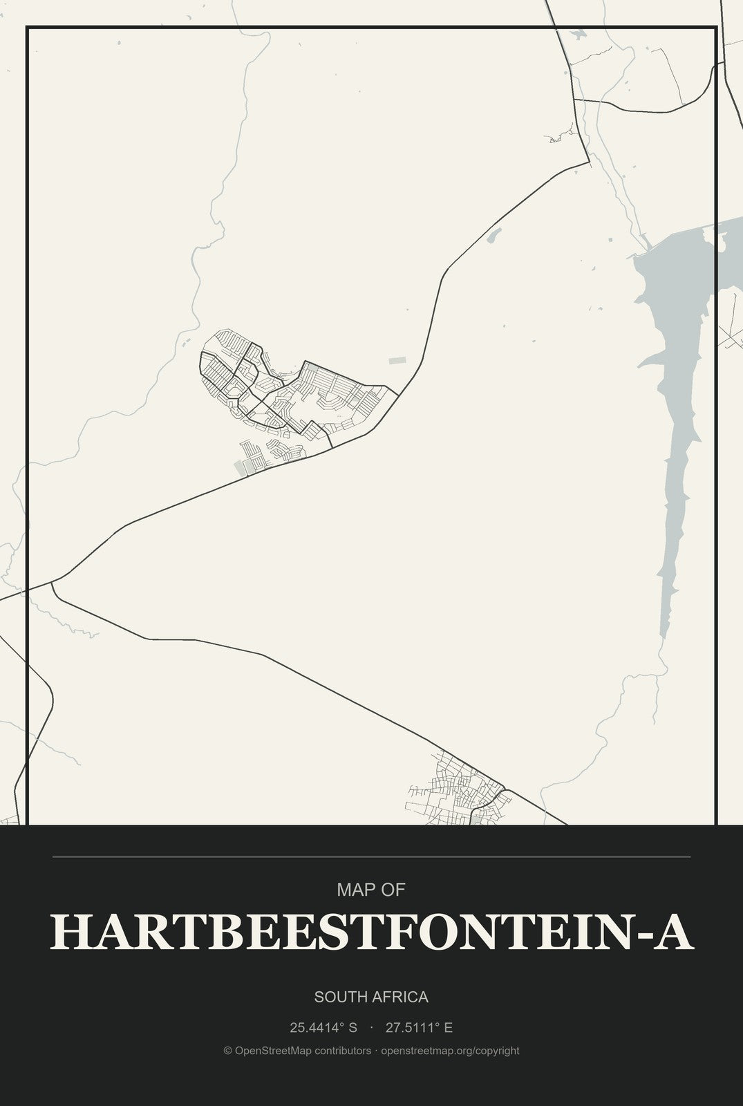 Hartbeestfontein-A, South Africa City Map Aluminum Sign in Museum Plaque style