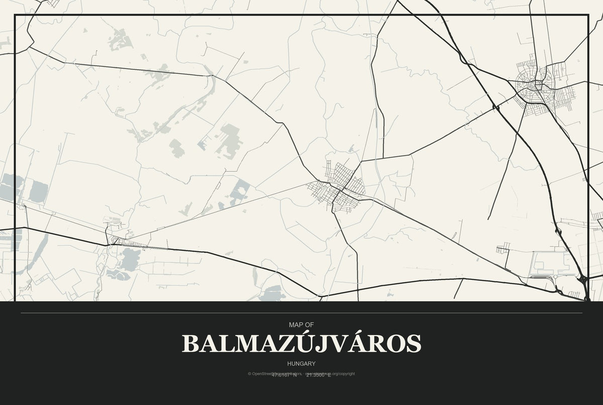 Balmazújváros, Hungary City Map Aluminum Sign in Museum Plaque style